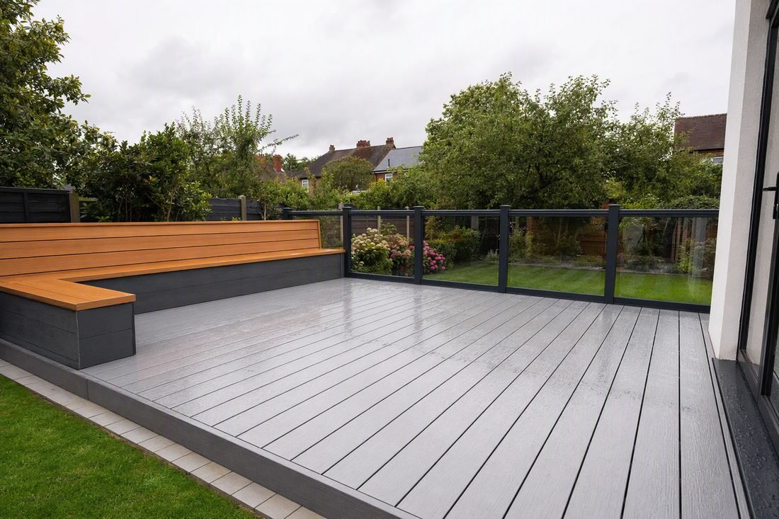 Grey composite decking terrace with glass balustrade