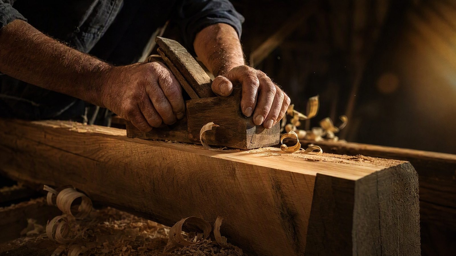 Carpenter hand-planing an oak beam in a workshop