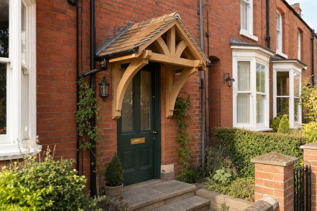 Handmade oak porch on a red brick Victorian house