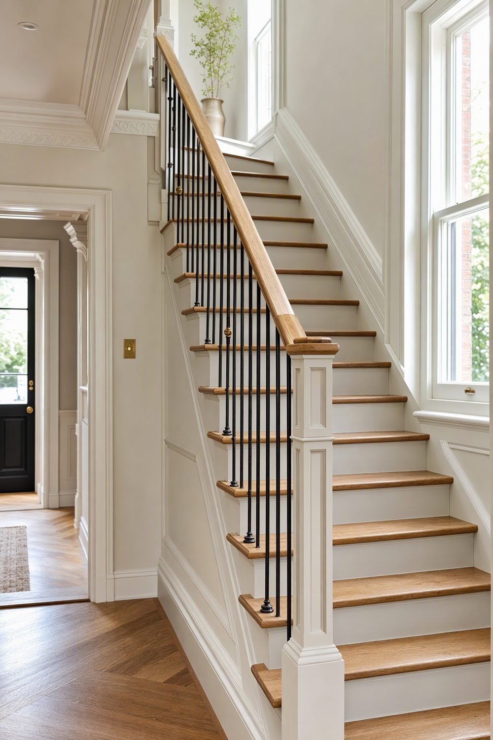 Oak staircase with white balustrade in a Victorian hallway