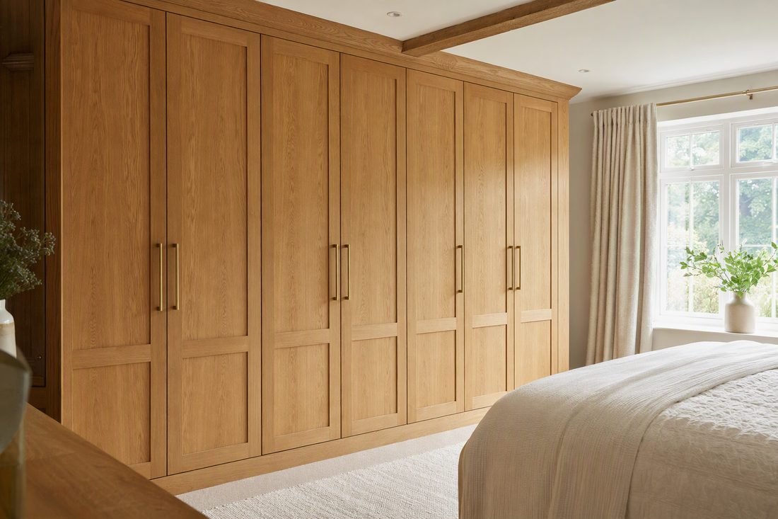 Bespoke fitted oak wardrobes in a Cheltenham bedroom